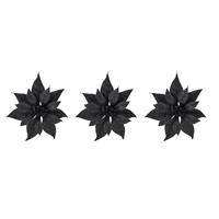 Cosy @ Home 6x stuks decoratie bloemen kerstster zwart glitter op clip 18 cm -