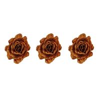 Cosy @ Home 6x stuks decoratie bloemen roos koper glitter op clip 10 cm -
