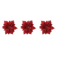 Decoris 4x stuks decoratie bloemen kerstster rood glitter op clip 24 cm -
