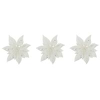 Cosy @ Home 8x stuks decoratie bloemen kerstster wit glitter op clip 15 cm -