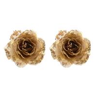 Bellatio 8x stuks gouden glitter rozen met clip 14 cm -