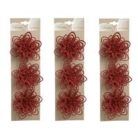 Bellatio 18x stuks decoratie bloemen rood glitter op clip 11 cm -
