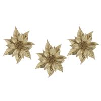 Cosy @ Home 6x stuks decoratie bloemen kerstster goud glitter op clip 18 cm -
