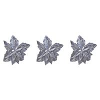 Decoris 6x stuks decoratie bloemen kerstster zilver glitter op clip 23 cm -