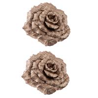 Cosy & Trendy 4x stuks decoratie bloemen roos champagne glitter op clip 18 cm -