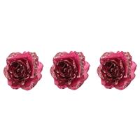 Bellatio 10x stuks decoratie bloemen roos framboos roze (magnolia) glitter op clip 14 cm -