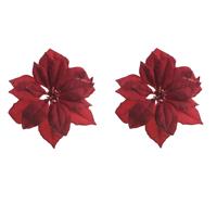 Bellatio 2x stuks decoratie bloemen kerstster rood glitter op clip 24 cm -