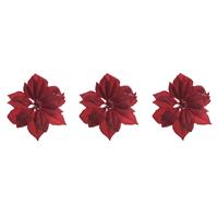 Decoris 6x stuks decoratie bloemen kerstster rood glitter op clip 24 cm -