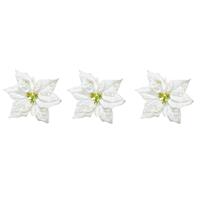 Bellatio 4x stuks decoratie bloemen kerstster wit glitter op clip 20 cm -