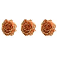 Bellatio 4x stuks decoratie bloemen roos terra bruin glitter op clip 14 cm -