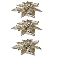 Cosy @ Home 6x stuks decoratie bloemen kerstster champagne glitter op clip 9 cm -