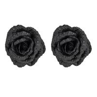 Cosy @ Home 2x stuks decoratie bloemen roos zwart glitter op clip 18 cm -