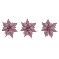Cosy @ Home 4x stuks decoratie bloemen kerstster roze glitter op clip 18 cm -