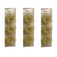 Bellatio 12x stuks decoratie bloemen goud glitter op clip 11 cm -