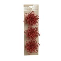 Decoris 3x stuks decoratie bloemen rood glitter op clip 11 cm -