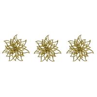 Bellatio 6x stuks decoratie bloemen kerstster goud glitter op clip 14 cm -