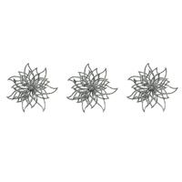 Bellatio 6x stuks decoratie bloemen kerstster zilver glitter op clip 14 cm -