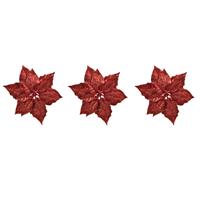 Bellatio 4x stuks decoratie bloemen kerstster rood glitter op clip 23 cm -