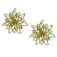 Bellatio 2x stuks decoratie bloemen kerstster goud glitter op clip 14 cm -