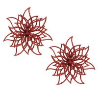 Bellatio 2x stuks decoratie bloemen kerstster rood glitter op clip 14 cm -