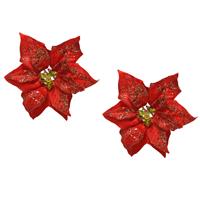 Bellatio 2x stuks decoratie bloemen kerstster rood glitter op clip 20 cm -