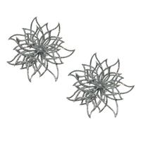 Bellatio 2x stuks decoratie bloemen kerstster zilver glitter op clip 14 cm -