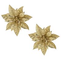 Cosy @ Home 2x stuks decoratie bloemen kerstster goud glitter op clip 15 cm -