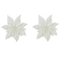 Cosy @ Home 2x stuks decoratie bloemen kerstster wit glitter op clip 15 cm -