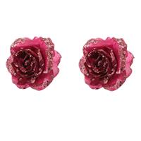 Bellatio 2x stuks decoratie bloemen roos framboos roze (magnolia) glitter op clip 14 cm -
