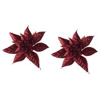 Cosy @ Home 2x stuks decoratie bloemen kerstster rood glitter op clip 15 cm -