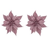 Cosy @ Home 2x stuks decoratie bloemen kerstster roze glitter op clip 18 cm -