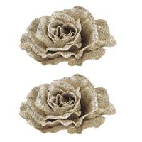 Cosy @ Home 2x stuks decoratie bloemen roos champagne glitter op clip 10 cm -