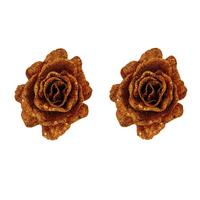 Cosy @ Home 2x stuks decoratie bloemen roos koper glitter op clip 10 cm -