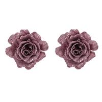 Cosy @ Home 2x stuks decoratie bloemen roos roze glitter op clip 10 cm -