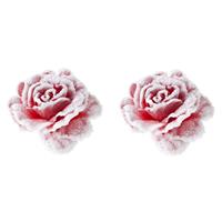 Cosy @ Home 2x stuks decoratie bloemen roos roze met sneeuw op clip 15 cm -