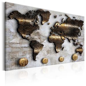 Karo-art Schilderij - Wereldkaart , Gouden Reis , Goudlook, Premium print op echt Italiaans canvas, voor woonkamer en slaapkamer, wanddecoratie