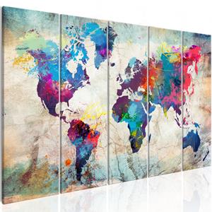 Karo-art Schilderij - Wereldkaart , Wereld op Steen , Steenlook , 5 luik, Premium print op echt Italiaans canvas, wanddecoratie