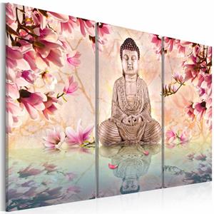 Karo-art Schilderij - Boeddha - Meditatie, Roze/Beige, 3luik , premium print op echt Italiaans canvas, Inspiratie, voor woonkamer en slaapkamer