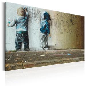 Karo-art Schilderij - Jonge Artiesten , kinderen, Banksy, Street art, print op echt Italiaans canvas, mensen