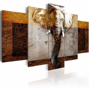 Karo-art Schilderij - De kracht van Afrika (Olifant), print op echt Italiaans canvas , wanddecoratie, 5luik , beige bruin, Eyecatcher