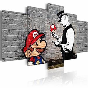 Karo-art Schilderij - Super Mario Mushroom Cop - Banksy, Zwart-Wit/Rood, 5luik, print op echt Italiaans canvas, 1 van zijn/haar bekendste werken