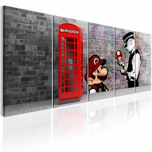 Karo-art Schilderij - Graffiti op steen - Banksy , mario bros , rode telefoon , 5 luik, premium print op echt Italiaans canvas, wanddecoratie