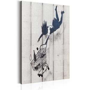 Karo-art Schilderij - Shop Til You Drop by Banksy, Grijs/Zwart , print op echt Italiaans canvas, winkelen