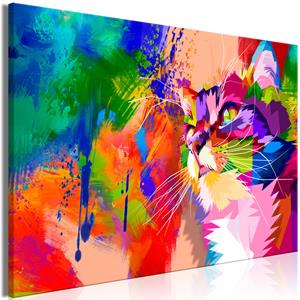 Karo-art Schilderij - Kleurrijke Kat, Multikleur, print op echt Italiaans canvas, voor woonkamer en slaapkamer, in 2 maten