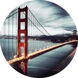 Karo-art Foto Glas Art - Golden Gate Bridge, SF, USA, diameter maar liefst 100cm. voor woonkamer en slaapkamer