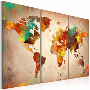 Karo-art Schilderij - Wereldkaart - Geschilderde Wereld II, 3luik , multikleur , wanddecoratie , premium print op echt Italiaans canvas, wanddecoratie, in 3 maten, Prachtige wereldkaart