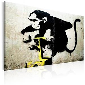 Karo-art Schilderij - Monkey Detonator , Banksy, Aap met ontsteker, print op echt Italiaans canvas, in 3 maten, zwart/geel/grijs