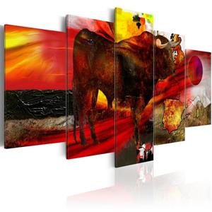 Karo-art Schilderij - Spaans temperament, stier, 5 luik, rood, print op echt Italiaans canvas, in 2 maten, wanddecoratie