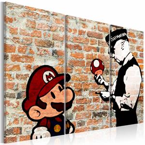 Karo-art Schilderij - Gevangen Mario - Banksy , mario bros , 3 luik , baksteen muur, print op echt Italiaans canvas, 2 maten