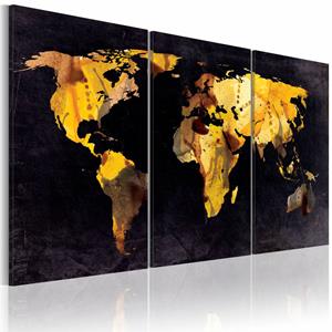 Karo-art Schilderij - Wereldkaart - Drijfzand, Goud/Zwart, 3luik , premium print op echt Italiaans canvas , wanddecoratie